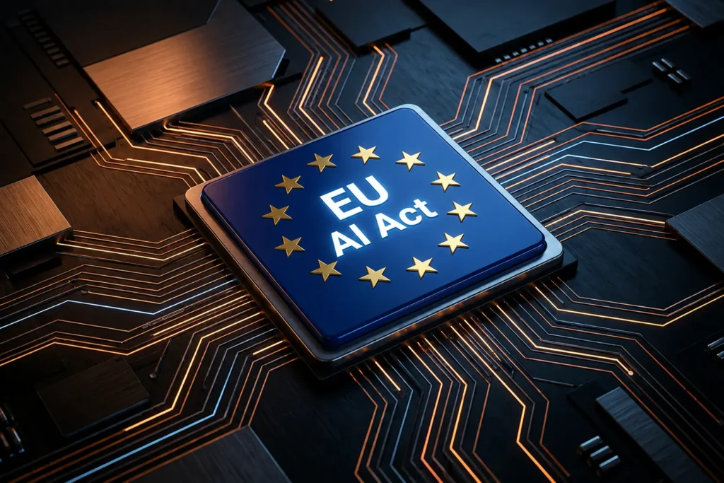 EU AI Act auf einem Mikrochip mit europäischen Sternen und leuchtenden Schaltkreisen – Symbol für KI-Regulierung und digitale Compliance